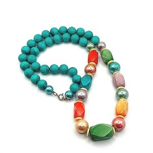 Chunky Multi Color Beaded And Disc Bead Necklace With Gold Toned Clasp